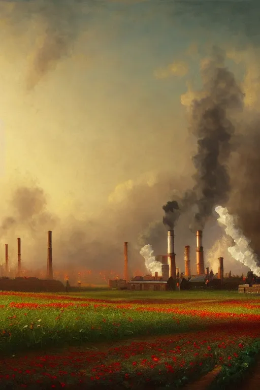 Image similar to a beautiful painting of a factory with smoking chimneys, red rose fields, dark style, little roses, very detailed, soft light effect, stable pipeline, super wide, big scene, by albert bierstadt, 4 k hd, trending on artstation ， ultrawide viewn and highly detailed, ultrawide lens, very high detailed