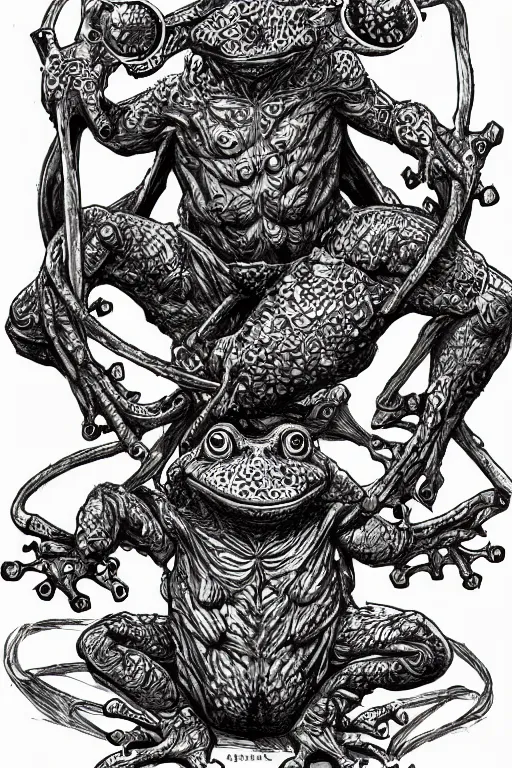 Image similar to humanoid frog warrior, toad themed, bog, symmetrical, highly detailed, digital art, sharp focus, trending on art station, kentaro miura manga art style