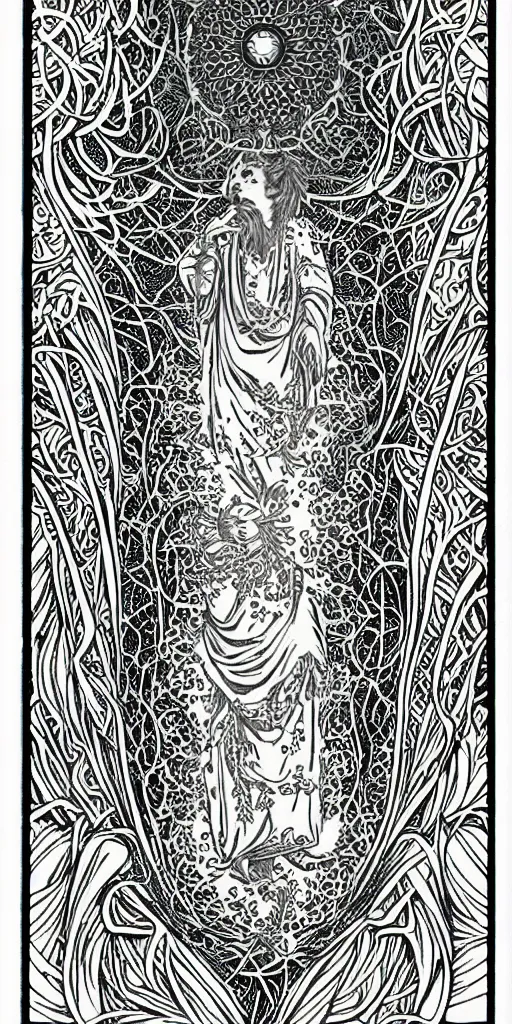 Prompt: a beautiful vaporwave fractal tarot card featuring bold occult imagery with clean lines. haeckel. detailed adult coloring book