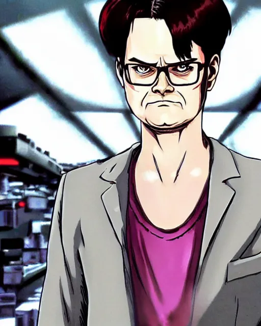 Image similar to a still of dwight schrute in ghost in the shell. anime style. highly detailed.