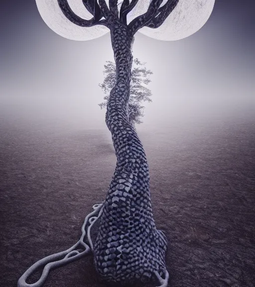 Prompt: surreal white tree made of snakes, ancient in the desert, foggy sky, dark night, octane render, unreal engine, pale colors, high detail, 8 k, wide angle, trending on artstation, behance