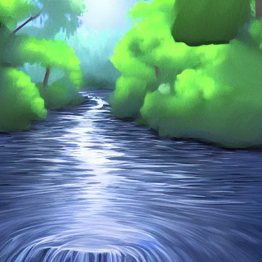 Image similar to digital art painting of a river running through a forest, very mediocre, not detailed at all.