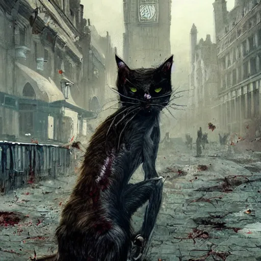 Prompt: zombie cat in london geog darrow greg rutkowski