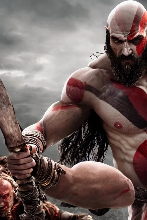 Image similar to film still from god of war, a highly detailed beautiful closeup photo of jason momoa kratos with long windblown wet hair holding a sword and fighting zombies on a pile of human skulls, spartan warrior, olympian god, muscular!,, action pose, ambient lighting, volumetric lighting, octane, fantasy