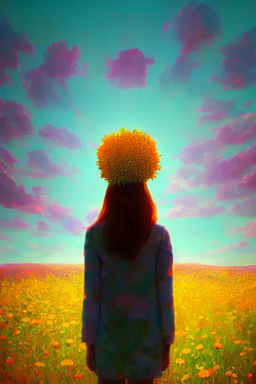 Prompt: closeup, huge flower head, girl standing in a field of flowers, surreal photography, sunrise, blue sky, dramatic light, impressionist painting, digital painting, artstation, simon stalenhag