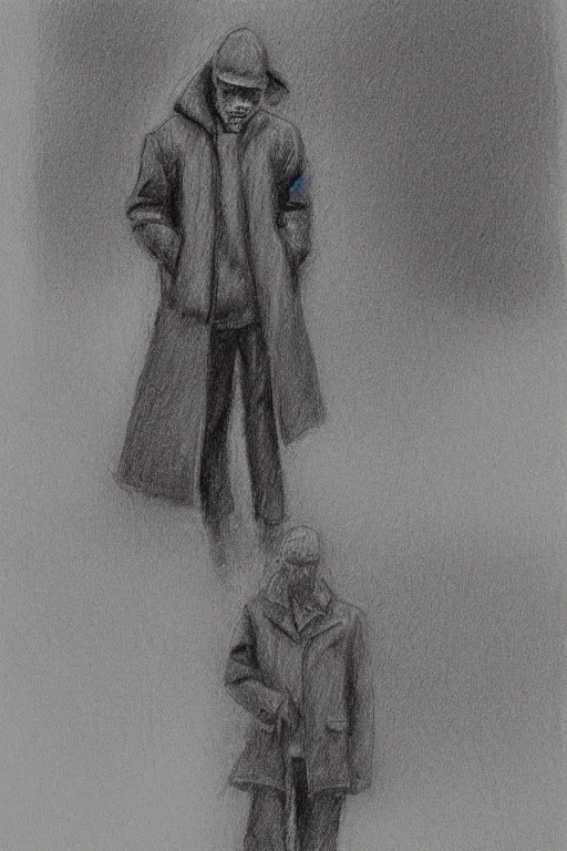 Prompt: a drawn man standing in the rain in a jacket. pencil sketch.