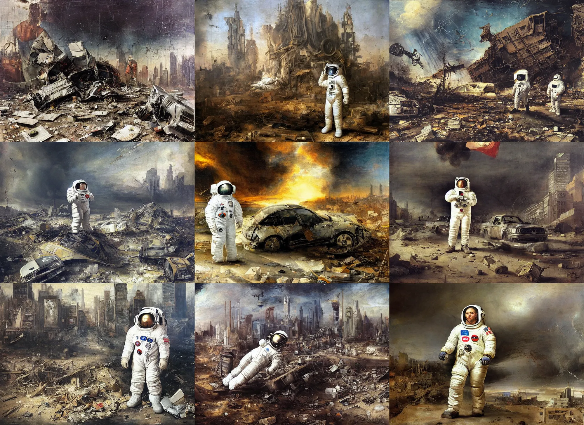 Prompt: american white spacesuit chubby astronaut in giant postapocalyptic abandoned destroyed times square, wrecked buildings, destroyed flipped wrecked cars, by rembrandt oil painting style!!!