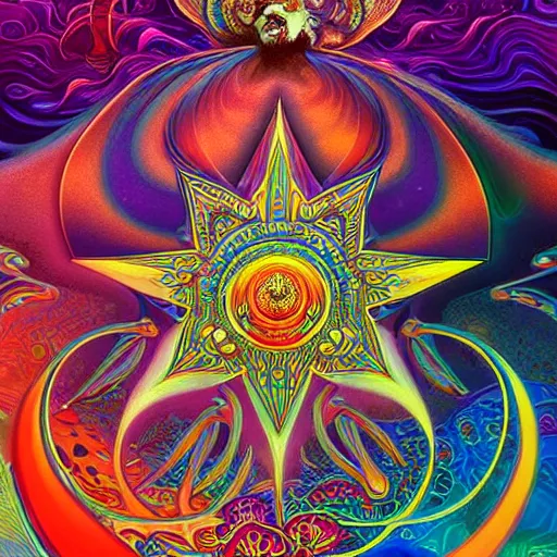 Image similar to An extremely psychedelic abstract illustration of an 3d nautical star, colorful, surreal, dramatic lighting, magic mushrooms, psilocybin, LSD, detailed, intricate, elegant, highly detailed, digital painting, artstation, concept art, smooth, sharp focus, illustration, art by Krenz Cushart and Artem Demura and alphonse mucha, unreal engine 5 render, 8k