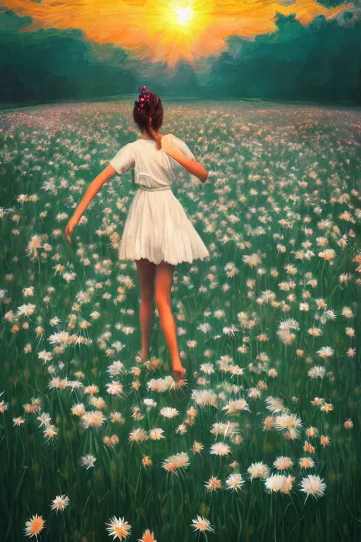 Prompt: veil of giant white daisy flower as head, girl dancing in a flower field, surreal photography, sunrise, dramatic light, impressionist painting, colorful clouds, digital painting, artstation, simon stalenhag