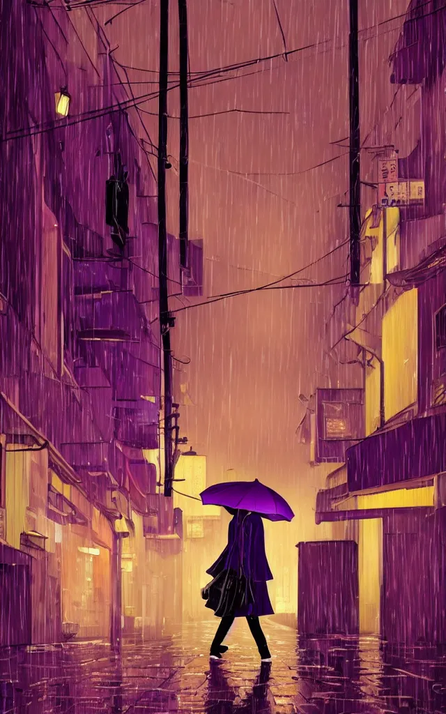 Prompt: a woman holding a purple umbrella walking on the wet street on a rainy night in a kyoto alley way by makoto shinkai and by wes anderson. dramatic lighting. cel shading.
