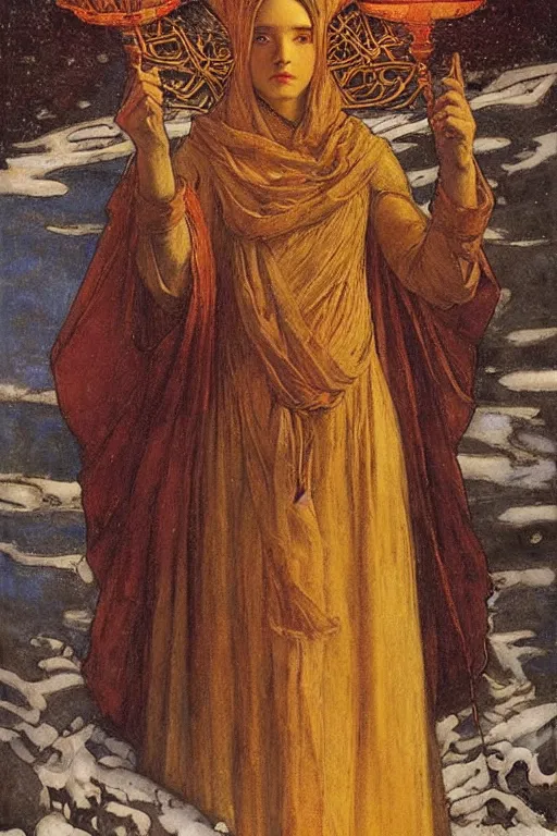 Image similar to queen of the winter with her lantern, by Annie Swynnerton and Nicholas Roerich and jean delville, dramatic cinematic lighting , ornate headdress , flowing robes, lost civilizations, smooth, sharp focus, extremely detailed