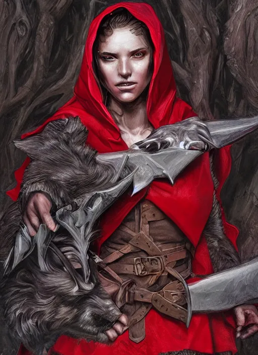 Image similar to digital _ painting _ of _ little red riding hood wolf slayer _ by _ filipe _ pagliuso _ and _ justin _ gerard _ symmetric _ fantasy _ highly _ detailed _ realistic _ intricate _ port