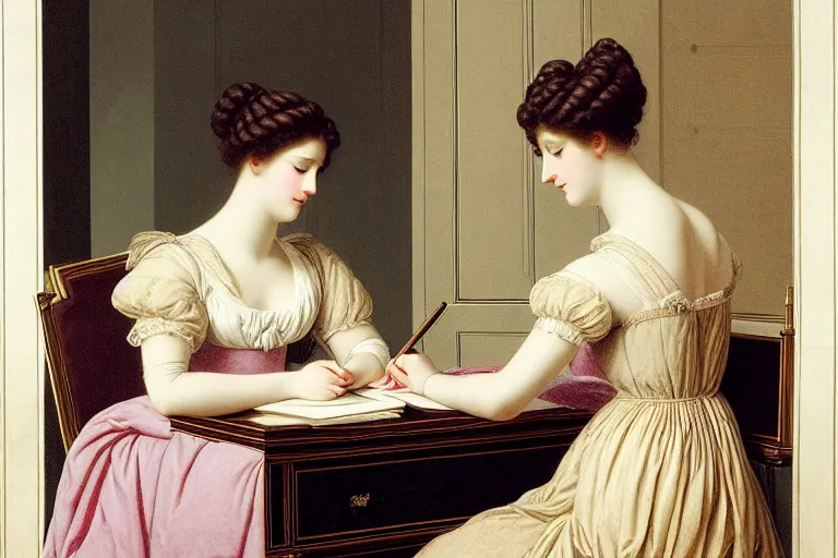 Prompt: 1 8 0 1 lady writing at her desk by vittorio reggianini, georgian dress, directoire style, regency, empire silhouette, bright lighting, perfectly detailed eyes, beautiful hands, pale skin, clear face