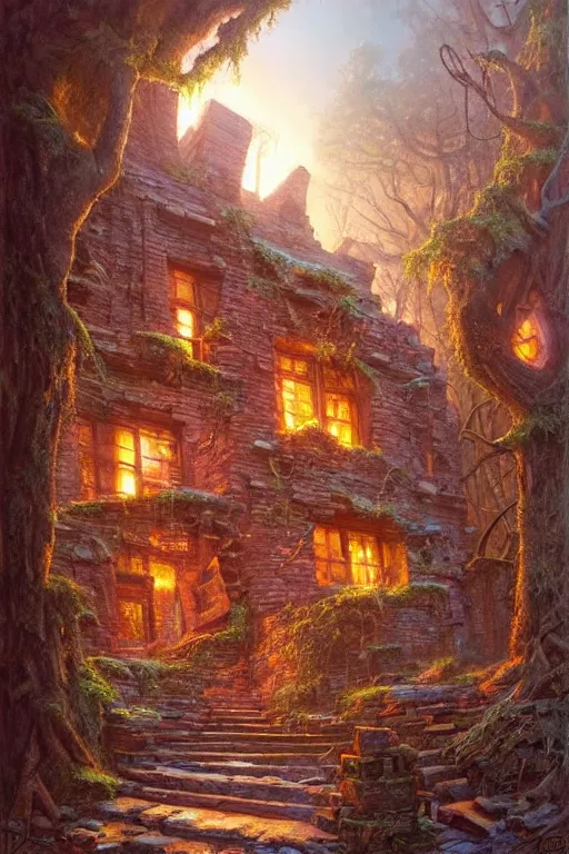 Image similar to (((((a ramshackle manhattan brick brownstone deep in the forest))))) by Justin Gerard!!!!!!!!!!!!!!!!!!!!!!!!!!!