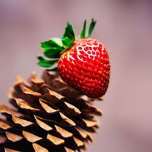 Image similar to a photograph of a strawberry chip ice cream cone, with a cone made from a pinecone. shallow depth of field, fine textured detail.