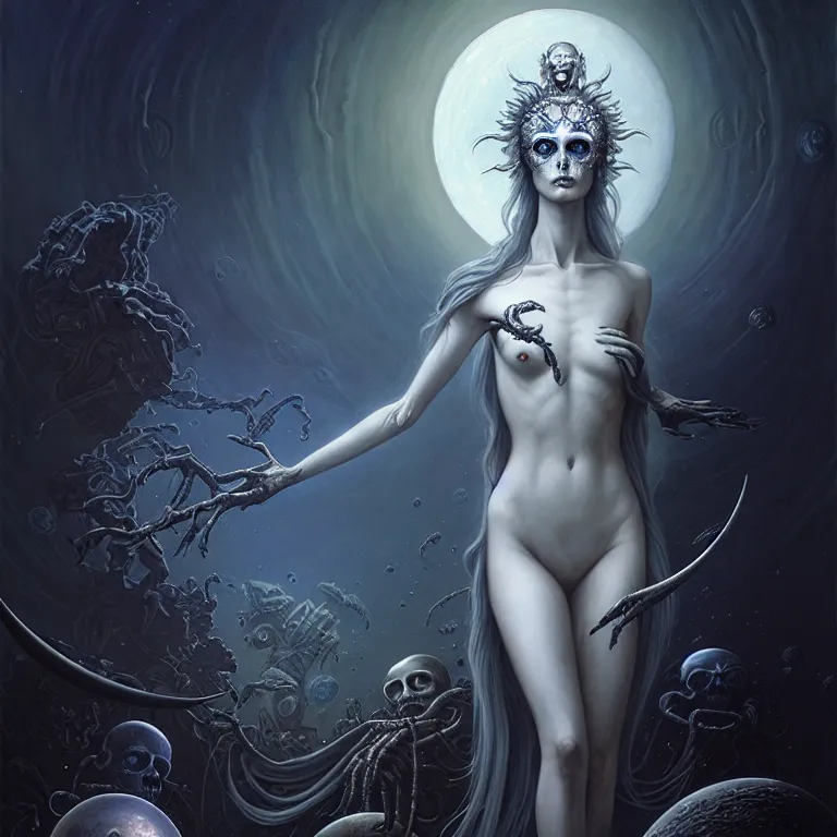 Image similar to skewed in the void, hr giger and cgsociety. one stunning luna goddess of personification of the moon by charlie bowater and tom bagshaw, insanely detailed, artstation, space art. sparkling flower fractules surrounded by skulls and robots deep under the sea, horror, fantasy, surrealist painting, by peter rohrabacher annatto finnstark