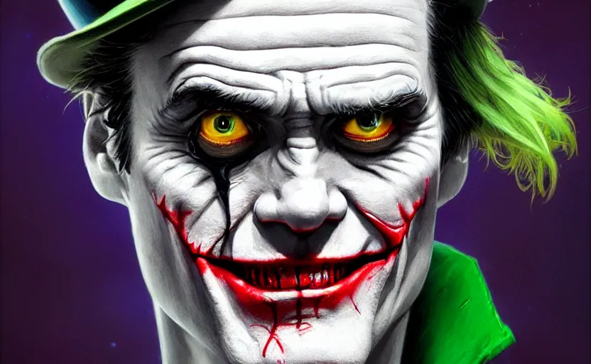 Image similar to highly detailed portrait of jim carrey as the joker wearing a fedora, in batman comic book, stephen bliss, unreal engine, fantasy art by greg rutkowski, loish, rhads, ferdinand knab, makoto shinkai and lois van baarle, ilya kuvshinov, rossdraws, tom bagshaw, global illumination, radiant light, detailed and intricate environment