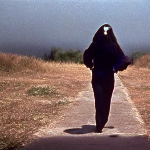 Prompt: A depressed woman wearing an inflatable eyeball, walkingn down a path, Cassavetes film still, color 1970