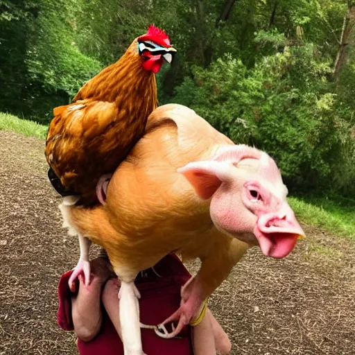 Prompt: photo of chicken standing on pig's back