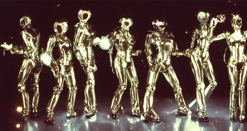 Prompt: color film still, chrome robots at the disco ; studio 5 4 ( 1 9 9 8 )