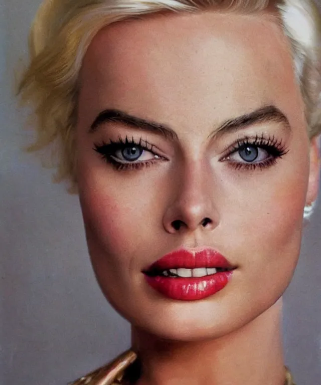 Prompt: photo of margot robbie, platinum blond, fisheye lens, enlarged facial features, by norman rockwell, extra photorealistic details, ultra high quality, trending on pinteresst