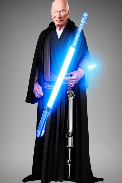 Image similar to photorealistic!! sir patrick steward as a jedi knight, black jedi robe, holding a blue lightsaber, film quality