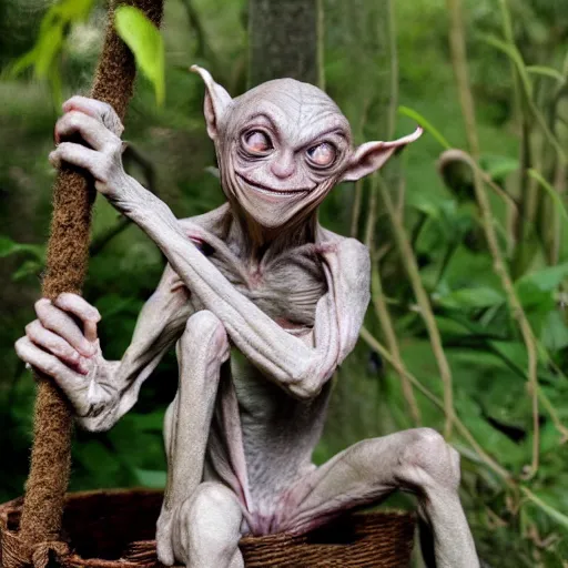 Prompt: Gollum sat on the twine, stretching