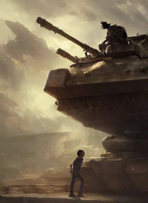 Prompt: side profile of a filipino man sitting on a tank holding a scepter eating popcorn, fantasy, digital painting, volumetric light, intricate, sharp, focus, bloom, illustration, highly detailed, concept art, matte, ruan jia, randy vargas, greg rutkowski