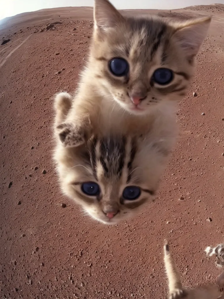 Image similar to gopro footage of a kitten wearing a realistic spacesuit on mars