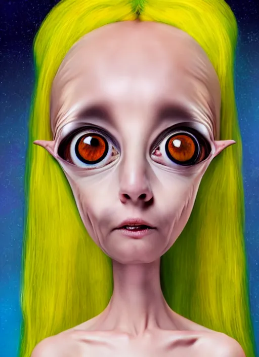 Image similar to nervous alien girl with two big cute eyes, the head is tightly wrapped in plastic wrap with a market label on it. high detail, realistic, symmetrical face, photoreal