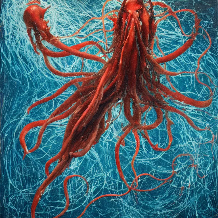 Image similar to Hyperrealistic intensely colored Studio wet collodion Photograph portrait of a deep sea Giant Squid battling Physeter Macrocephalus Whale deep underwater in darkness long exposure, award-winning nature deep sea expressionistic impasto heavy brushstrokes oil painting by Cy Twombly and Tim Hawkinson and Audubon vivid colors hyperrealism 8k