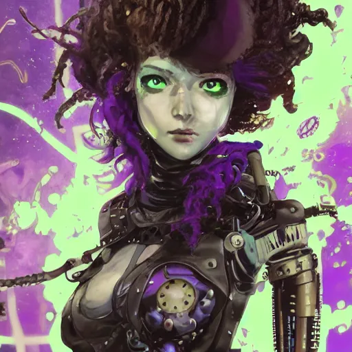 Prompt: highly detailed portrait of a punk young lady with a wild purple curly hair and small cybernetic face modifications, by Akihiko Yoshida, Greg Tocchini, Greg Rutkowski, Cliff Chiang, 4k resolution, persona 5 inspired, nier inspired, league of legends inspired, vibrant green, brown, purple and black color scheme!!! ((Sewer rave club dancing background))