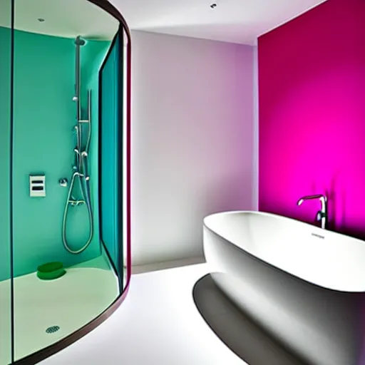 Image similar to a large bathroom, colorful, bright, designed by zaha hadid