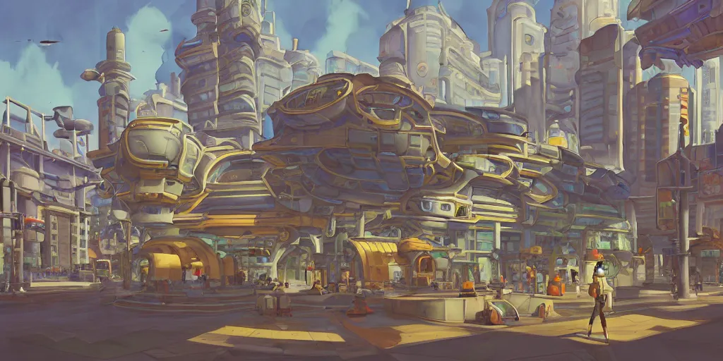 Image similar to overwatch building, stylized, exterior, architecture, in watercolor gouache detailed paintings, insanely detail, artstation, 8 k, futuristic, big medium small, arcane, simon stalenhag, food stall, interesting shapes & form, golden ratio, hard surface, props, lots of decoration, megastructures, floating city, tree and plants, solarpunk, japanese downtown