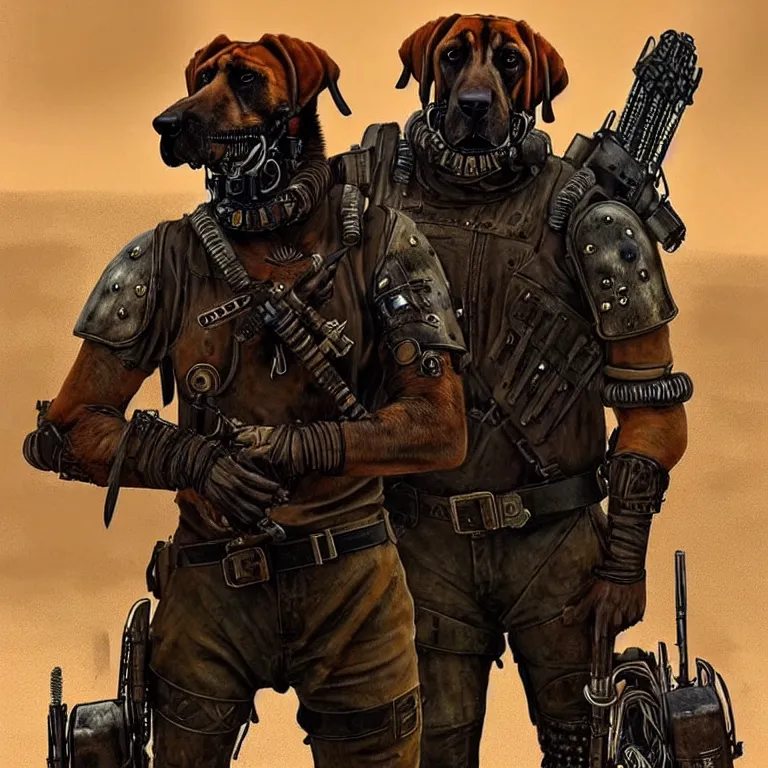 Image similar to a good ol'bloodhound pup fursona ( from the furry fandom ), heavily armed and armored facing down armageddon in a dark and gritty version from the makers of mad max : fury road. witness me.