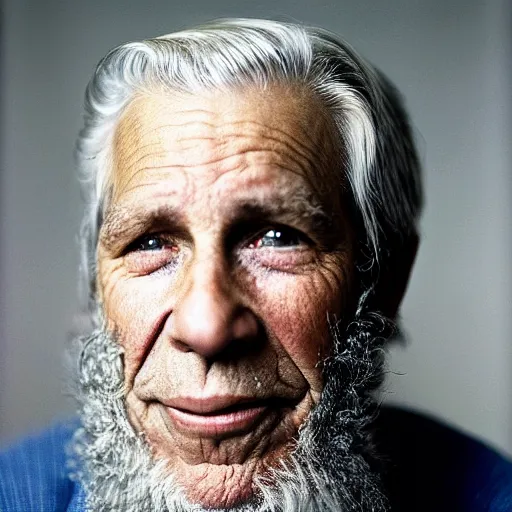 Prompt: portrait of a baby with the face of an old man, old skin, gray hair, gray beard, 8k, photo by annie leibovitz