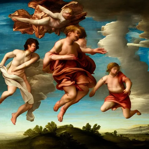 Image similar to running and falling on clouds, 4k, post-processing, detailed, Renaissance painting