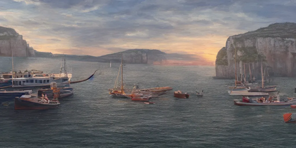 Image similar to wood dock, car on dock, big fishing boat next to the dock with waving sailors. low angle, sunrise, a mediterranean phoenician fishing village in the distance, chalk cliffs above, highly detailed, digital painting, artstation, concept art, sharp focus, illustration, art by artgerm and raphael lacoste and magali villeneuve