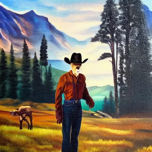 Prompt: surreal painting from a cowboy in front of the rocky mountains