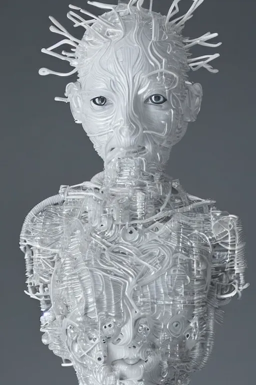 Prompt: full head and shoulders, beautiful bjork porcelain sculpture, smooth, delicate facial features, white eyes, white lashes, detailed white, lots of 3 d cyborg elements, prosthetic, anatomical, all white features on a white background, by daniel arsham and james jean