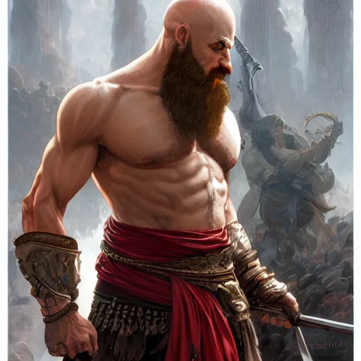 Prompt: Kratos, highly detailed, digital painting, artstation, concept art, smooth, sharp focus, illustration, ArtStation, art by artgerm and greg rutkowski and alphonse mucha and J. C. Leyendecker and Edmund Blair Leighton and Katsuhiro Otomo and Geof Darrow and Phil hale and Ashley wood and Ilya repin and Charlie Bowater