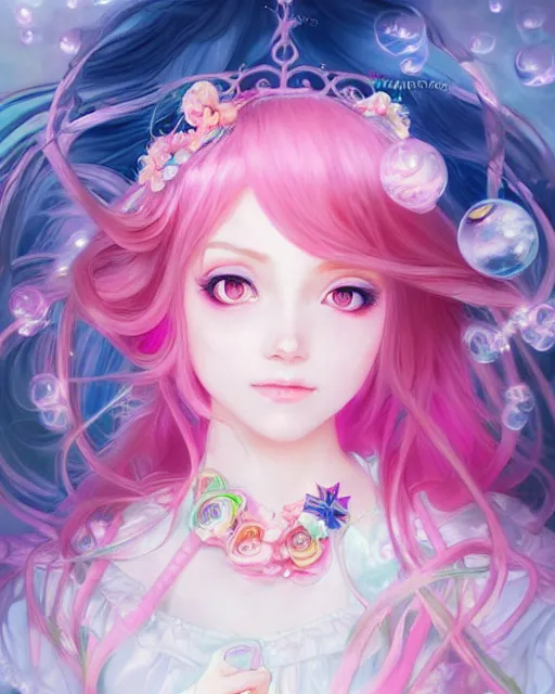 Prompt: portrait of magical lolita girl, dreamy and ethereal, expressive pose, big pink eyes, exciting expression, fantasy, intricate, elegant, many rainbow bubbles, rose tones, highly detailed, anime, artstation, concept art, cyberpunk wearing, smooth, sharp focus, illustration, art by artgerm and greg rutkowskiand alphonse mucha