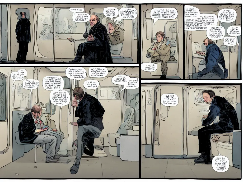 Image similar to a single comic panel by Geoff Darrow, 3/4 low angle view wide shot of two people sitting in an empty Chicago subway train, in front of windows: a sad Aubrey Plaza in a parka and a friendly Mads Mikkelsen in a suit