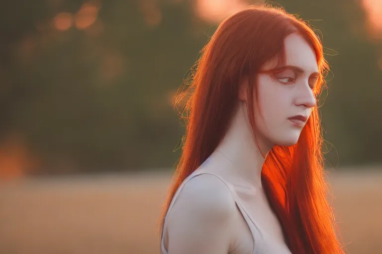 Image similar to picture of woman in the sunset, long hair, red head, golden hour, high depth of field, zoom, 4 k