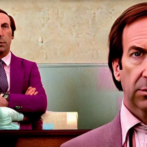 Image similar to Still frame from of Saul Goodman in a Wes Anderson movie, pastel colors