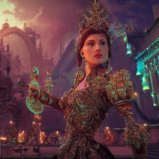 Prompt: portrait of princess of emerald, majestic, ornate, intricate, hyper detailed, accent lighting, kingdom in background, dramatic light, 4 k octane render