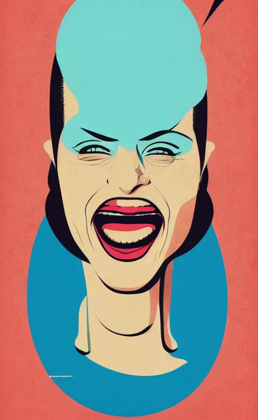 Prompt: illustration portrait of a woman with white buzzcut laughing out loud, art deco painting by tom whalen, by tomer hanukam funny meme photo, trending on behance, digital illustration, storybook illustration, grainy texture, flat shading, vector art, airbrush, pastel, watercolor, poster