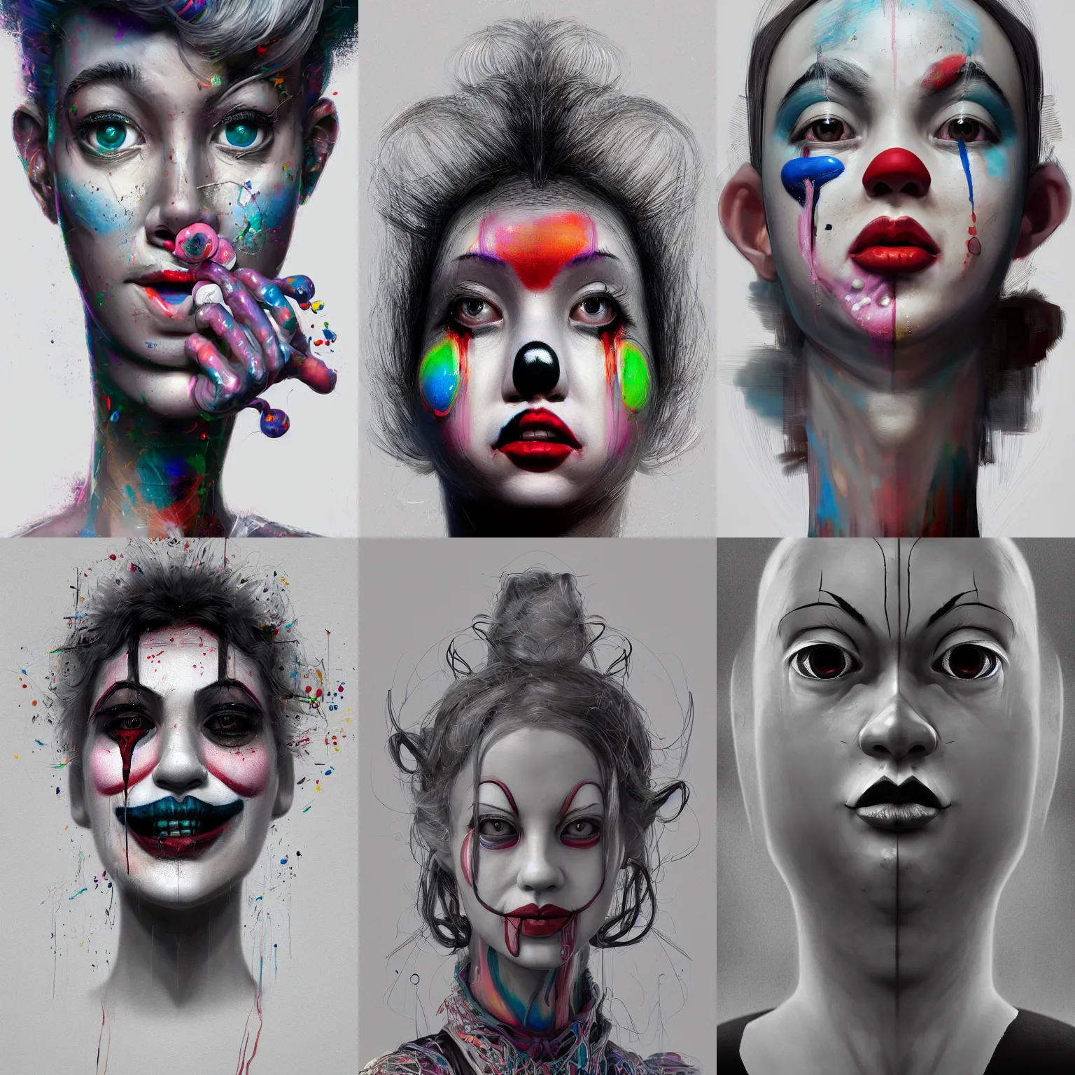 Prompt: portrait clown girl. intricate abstract. intricate artwork. by Tooth Wu, wlop, beeple, dan mumford. octane render, trending on artstation, greg rutkowski very coherent symmetrical artwork. cinematic, hyper realism, high detail, octane render, 8k, iridescent accents, black and white