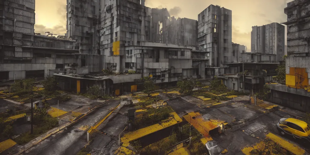 Prompt: brutalist yellow and black concrete cyberpunk with red and orange glow, architecture by Le Corbusier, abandoned red buildings, empty streetscapes, surrounded by lush green vegetation, ground-level view, puddles of water, stunning volumetric lighting, sunset, trending on Artstation, 8k, photorealistic, hyper detailed, unreal engine 5, cinematic, epic lighting, cryengine, octane render, dark, gloomy, foggy