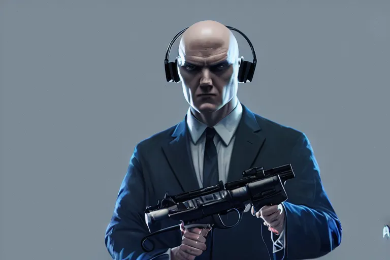 Image similar to an expressive portrait of agent 4 7 from hitman wearing headphones and holding a handgun in front of a wall of vinyl records, blue rim light, digital art, artstation, art by giger stalenhag